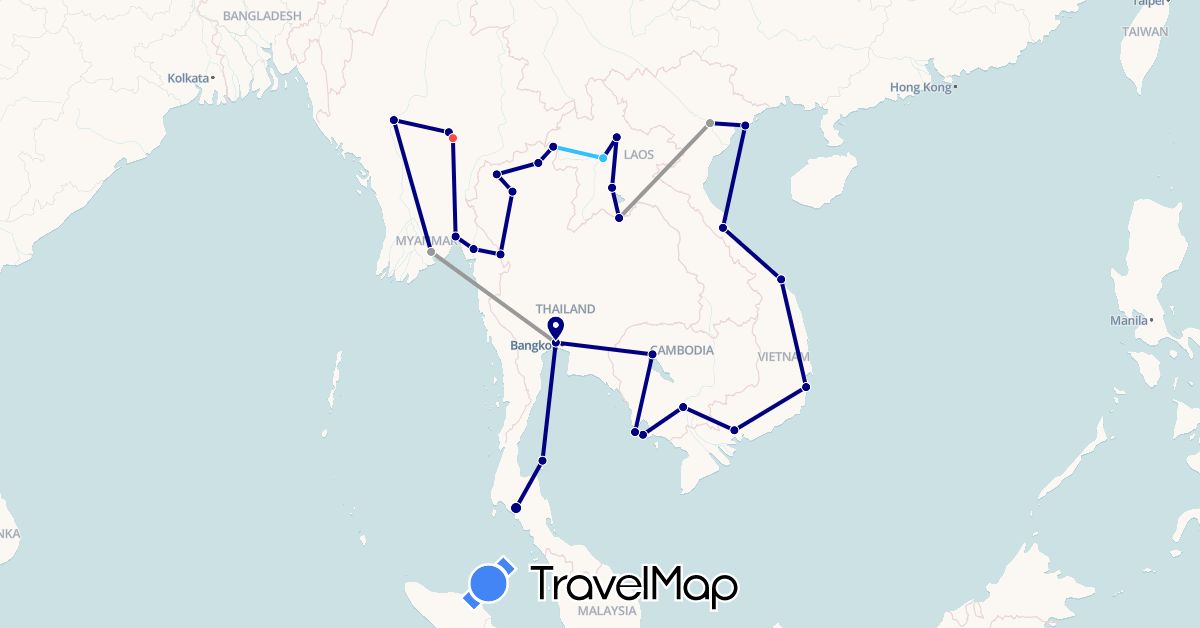 TravelMap itinerary: driving, plane, hiking, boat in Cambodia, Laos, Myanmar (Burma), Thailand, Vietnam (Asia)